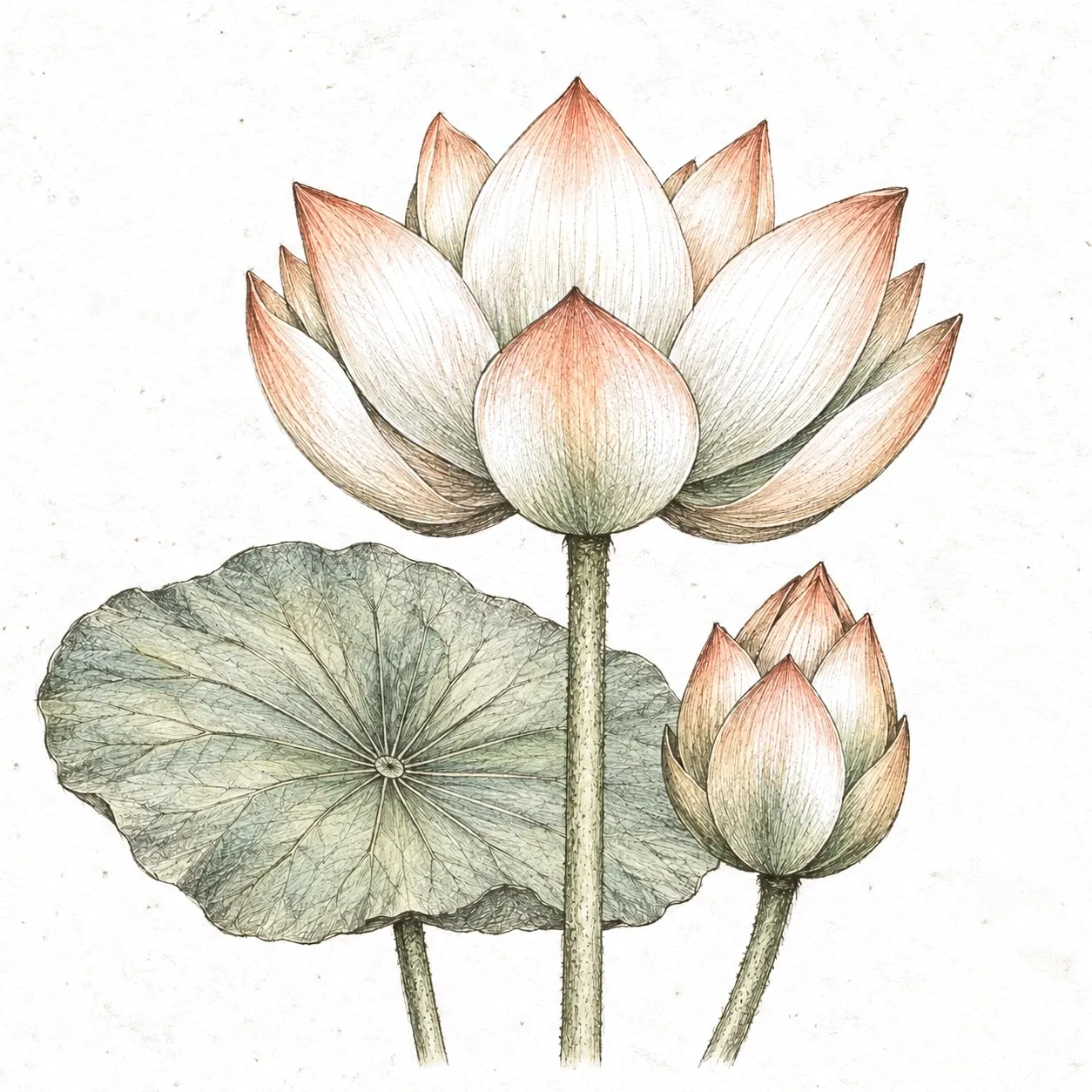 蓮（Nelumbo nucifera）の植物画。花とつぼみ、葉